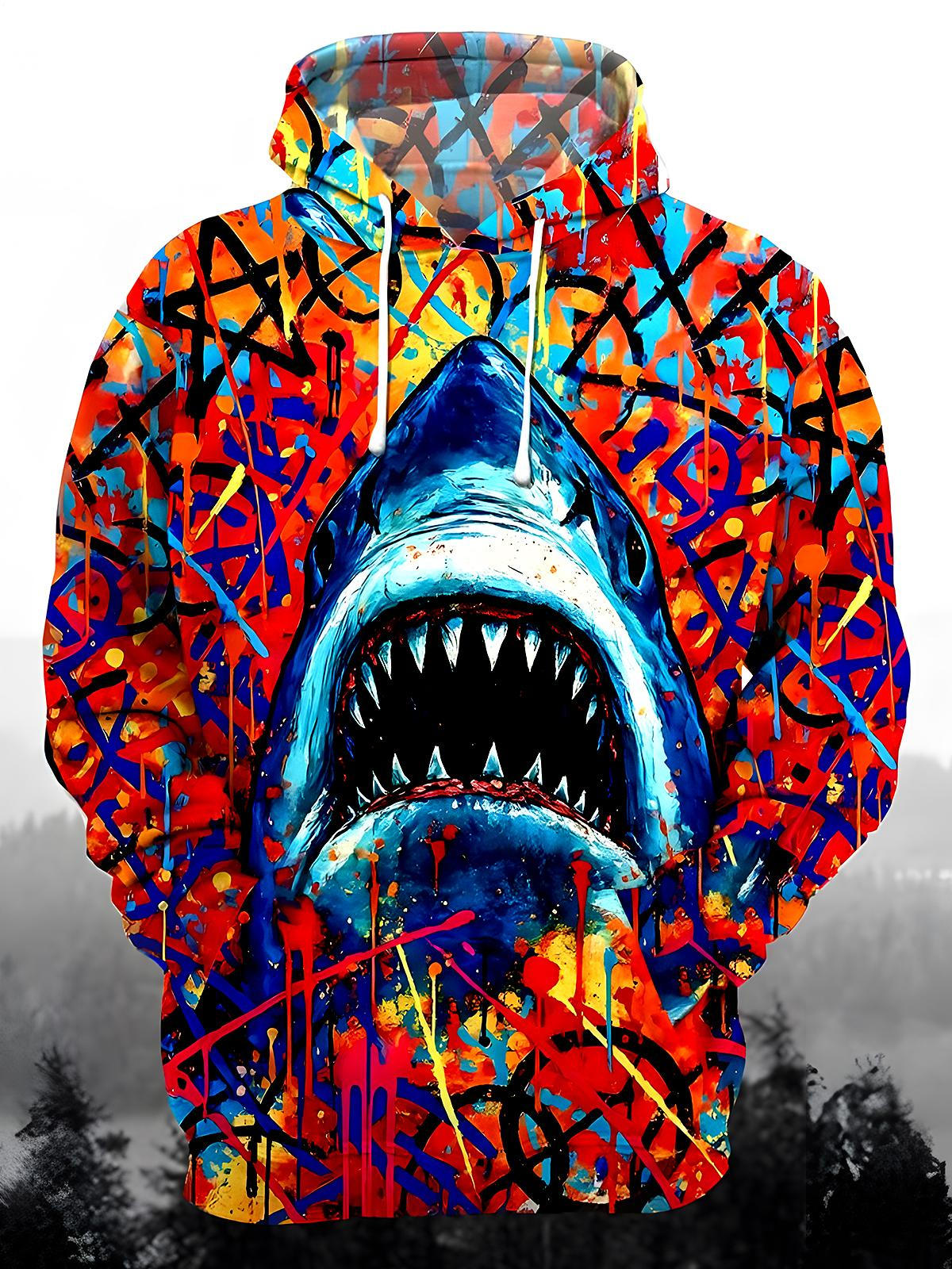 Tie Dye Shark Long Sleeve Hooded Pocket Men's Top