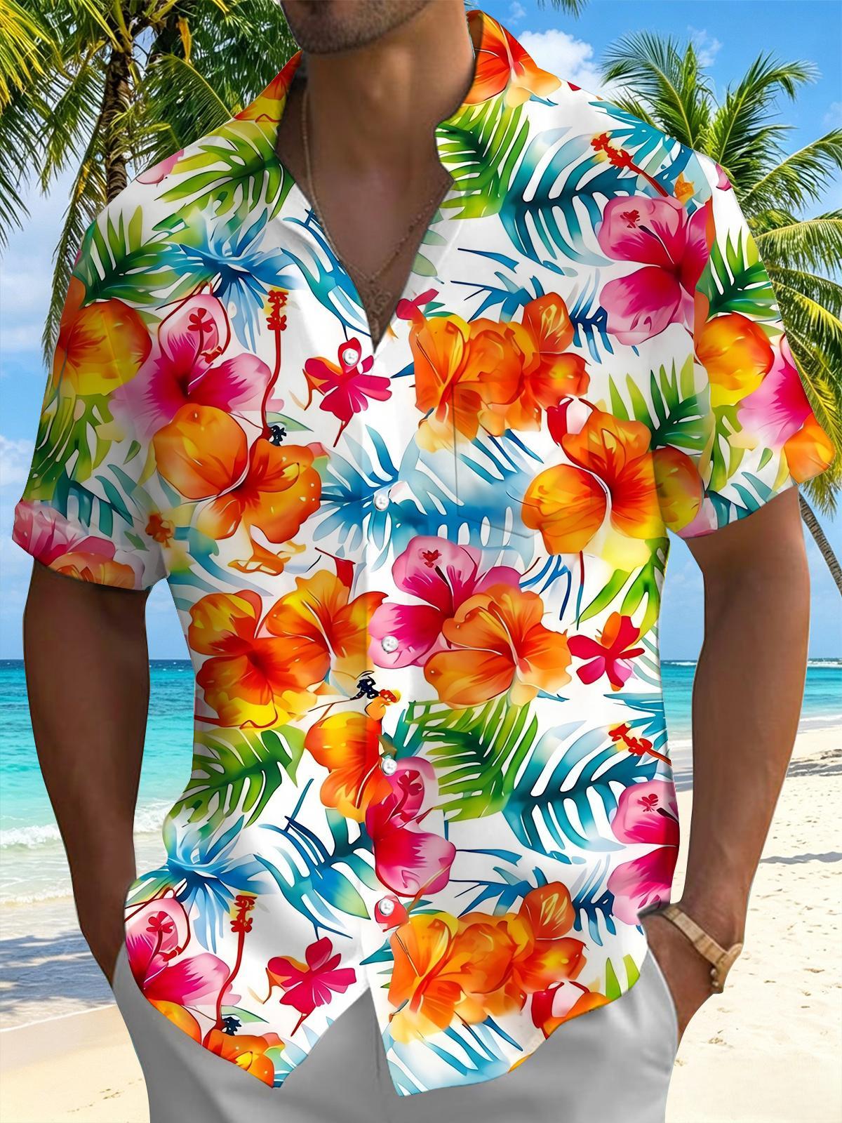Hawaii Colorful Hibiscus Palm Tropical Flower Men's Pocket Short Sleeve Shirts