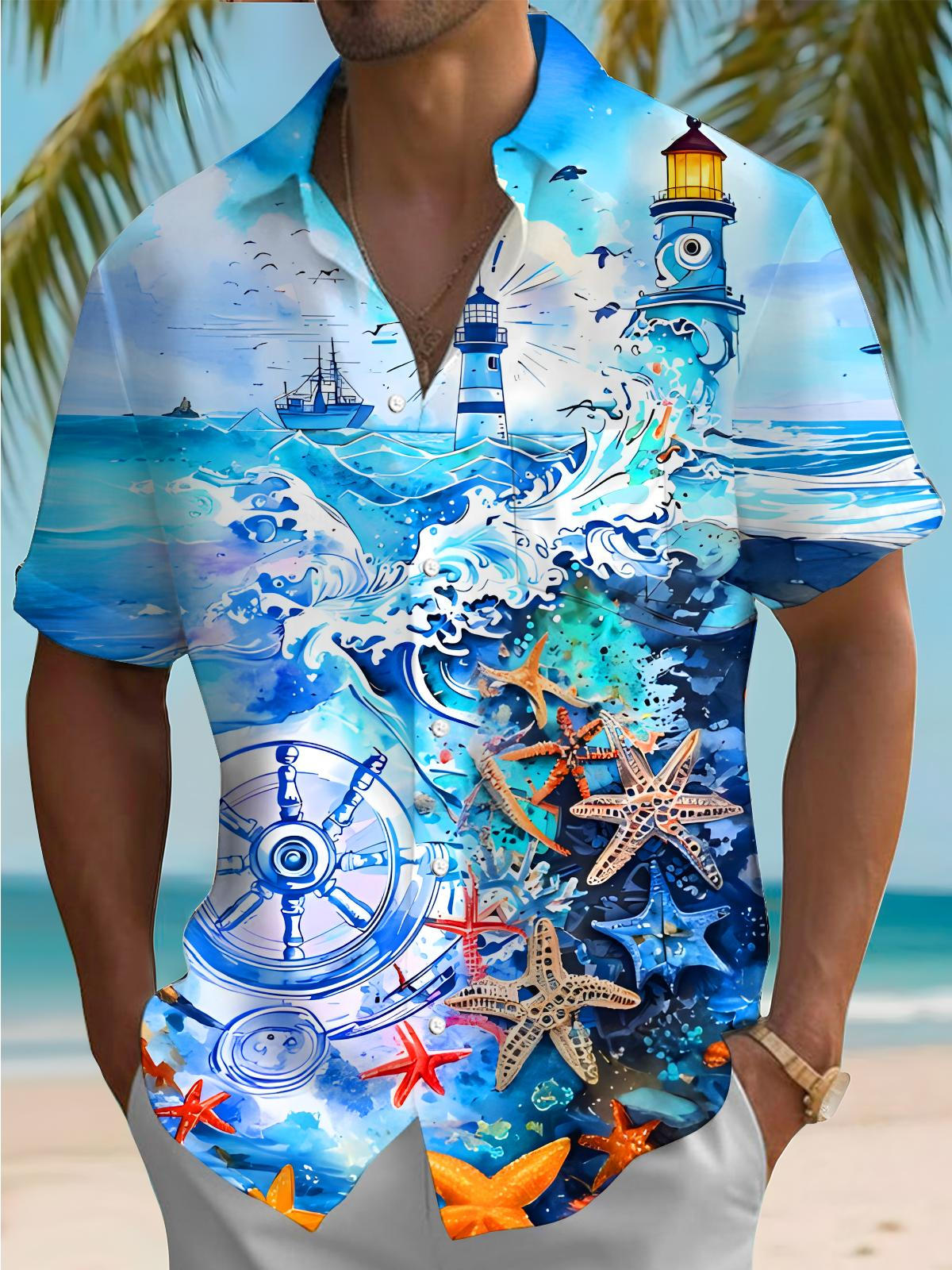 Boat Lighthouse Compass Starfish Men's Pocket Short Sleeve Shirts