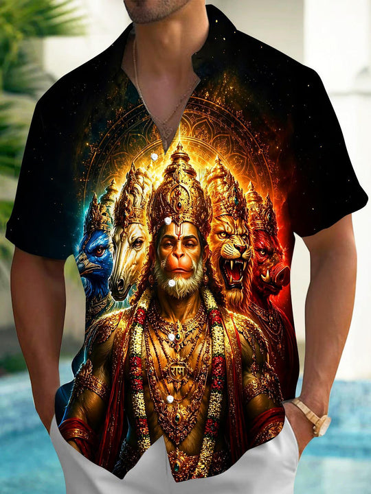 Dark Hanuman Multi-Faced Deity Men's Pocket Short Sleeve Shirts