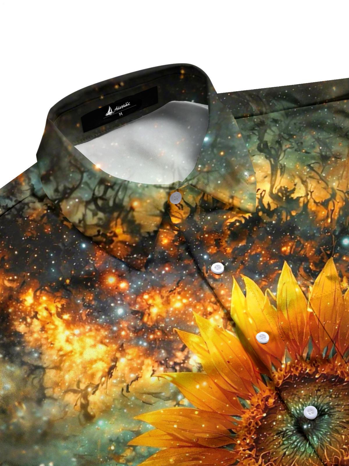 Sunflower Starry Sky Print Men's Pocket Short Sleeve Shirts