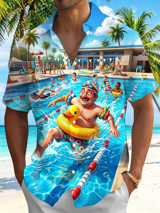 Pool Party Fun Swimming Cartoon Hawaiian Men's Pocket Short Sleeve Shirts