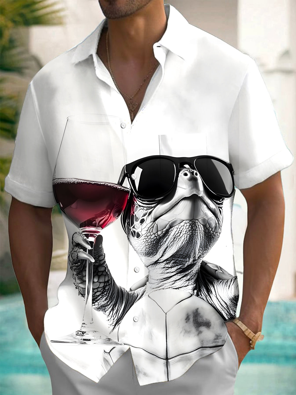 Turtle Red Wine Print Men's Pocket Short Sleeve Shirts
