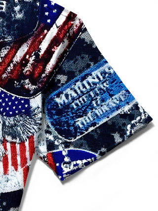Men's American flag print short sleeve shirt close-up detail view