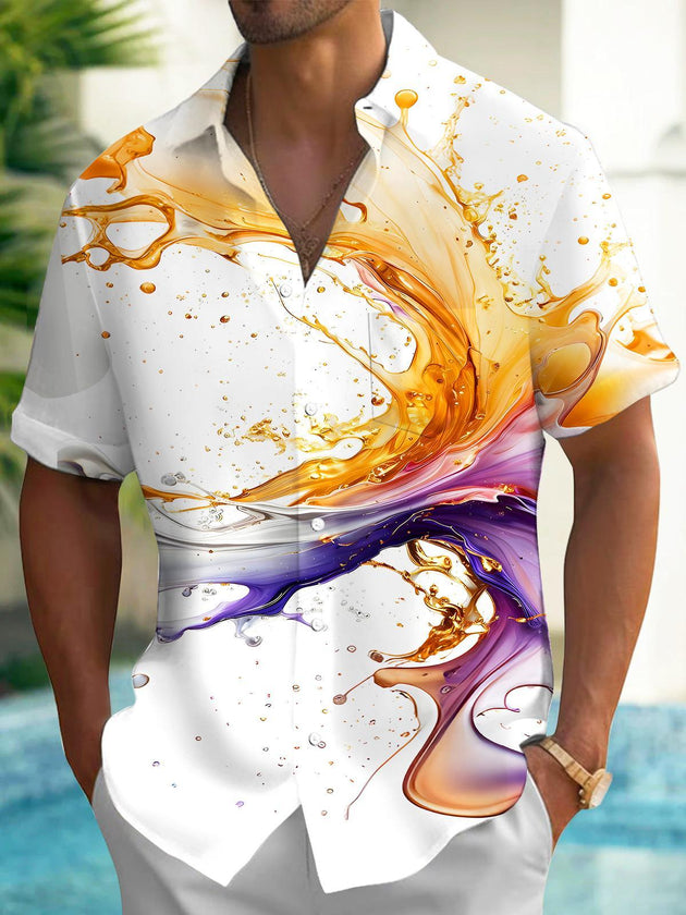Men's gold purple fluid ink splash art pocket short sleeve shirt front view
