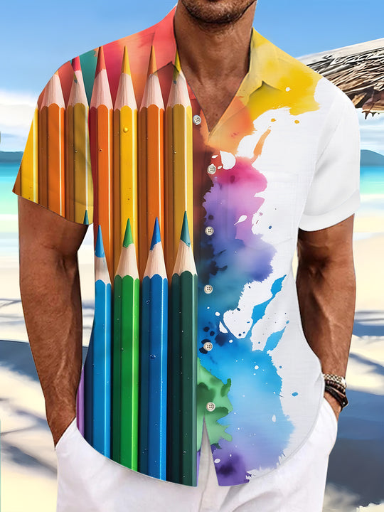 Men's brush print pocket short sleeve shirt front view