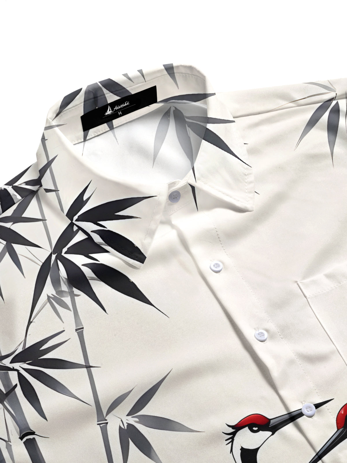 Red Crowned Crane Bamboo Print Men's Pocket Short Sleeve Shirts