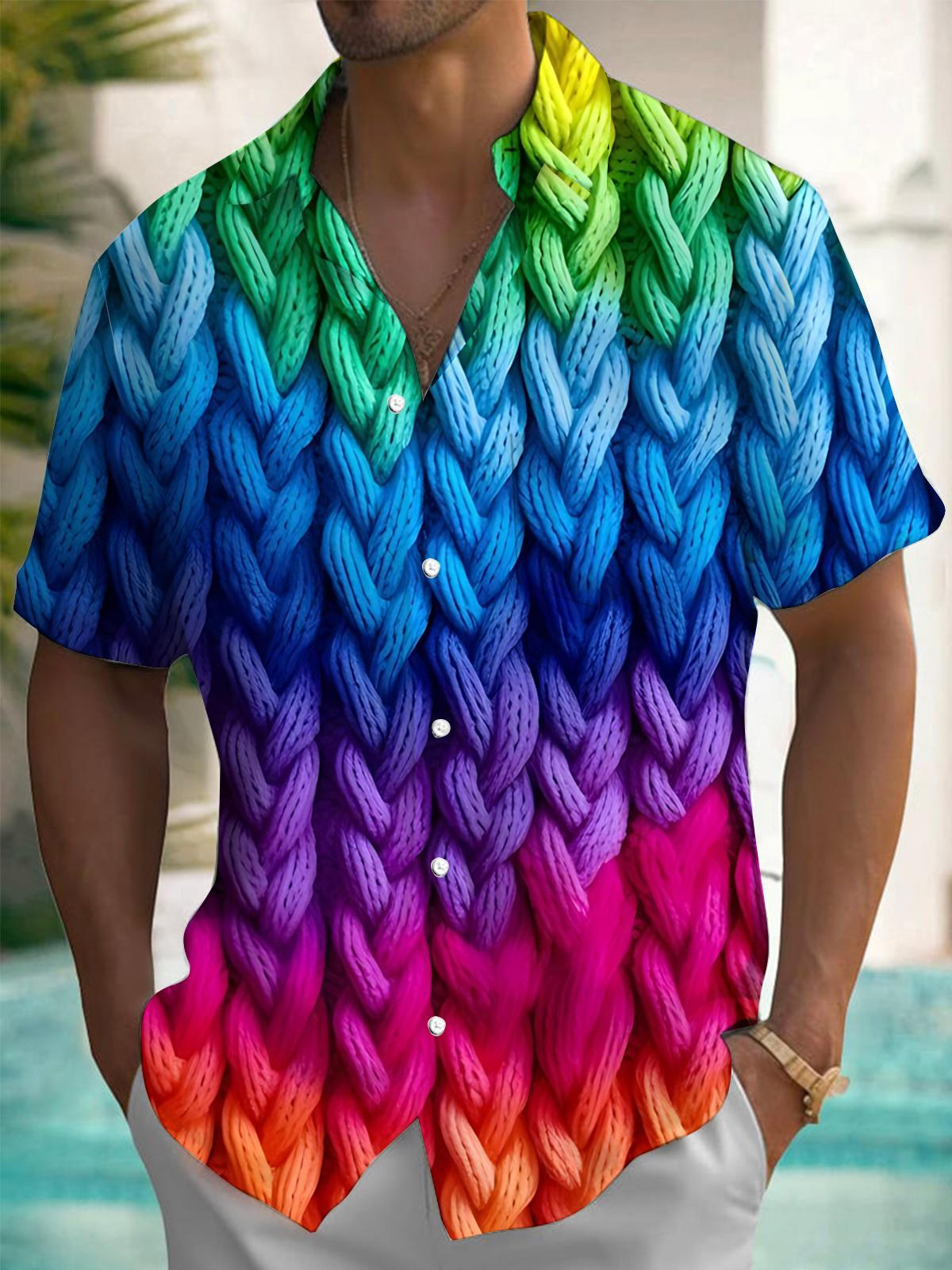 Rainbow Braided Rope Print Men's Pocket Short Sleeve Shirts