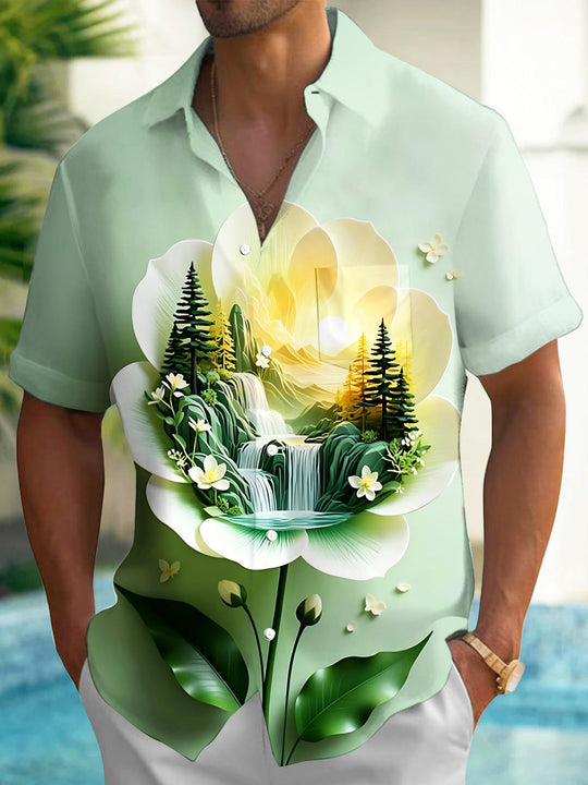 Landscape And Floral Men's Pocket Short Sleeve Shirts