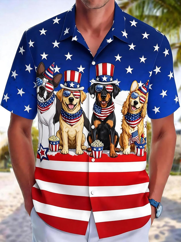 Independence Day American Flag Dog Print Men's Pocket Short Sleeve Shirts