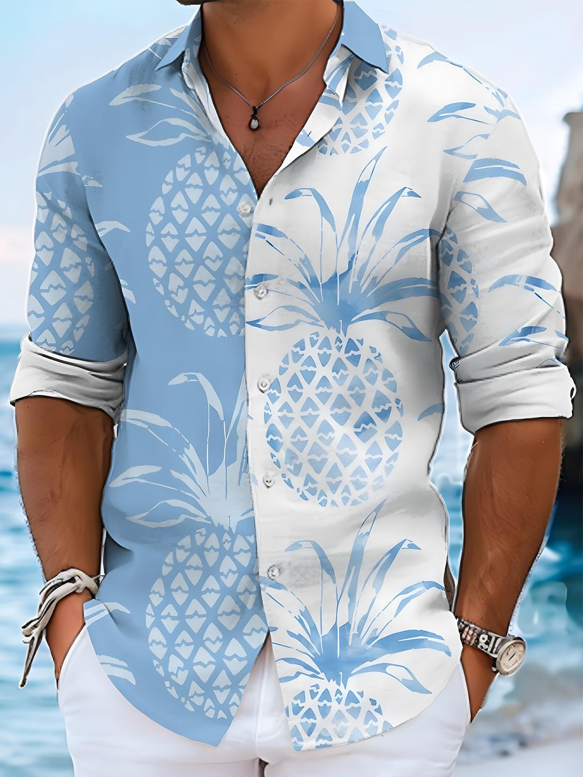 Hawaiian Pineapple Print Long Sleeve Shirt Collar Men's Shirts