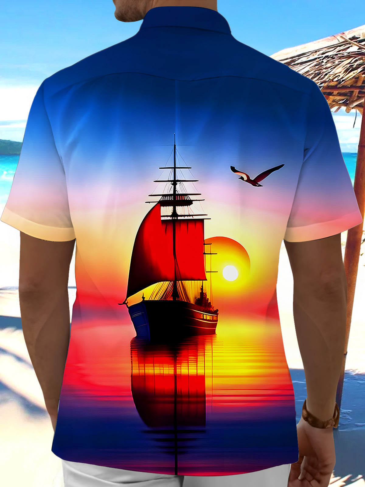 Hawaiian Boat Sunset Men's Pocket Short Sleeve Shirts