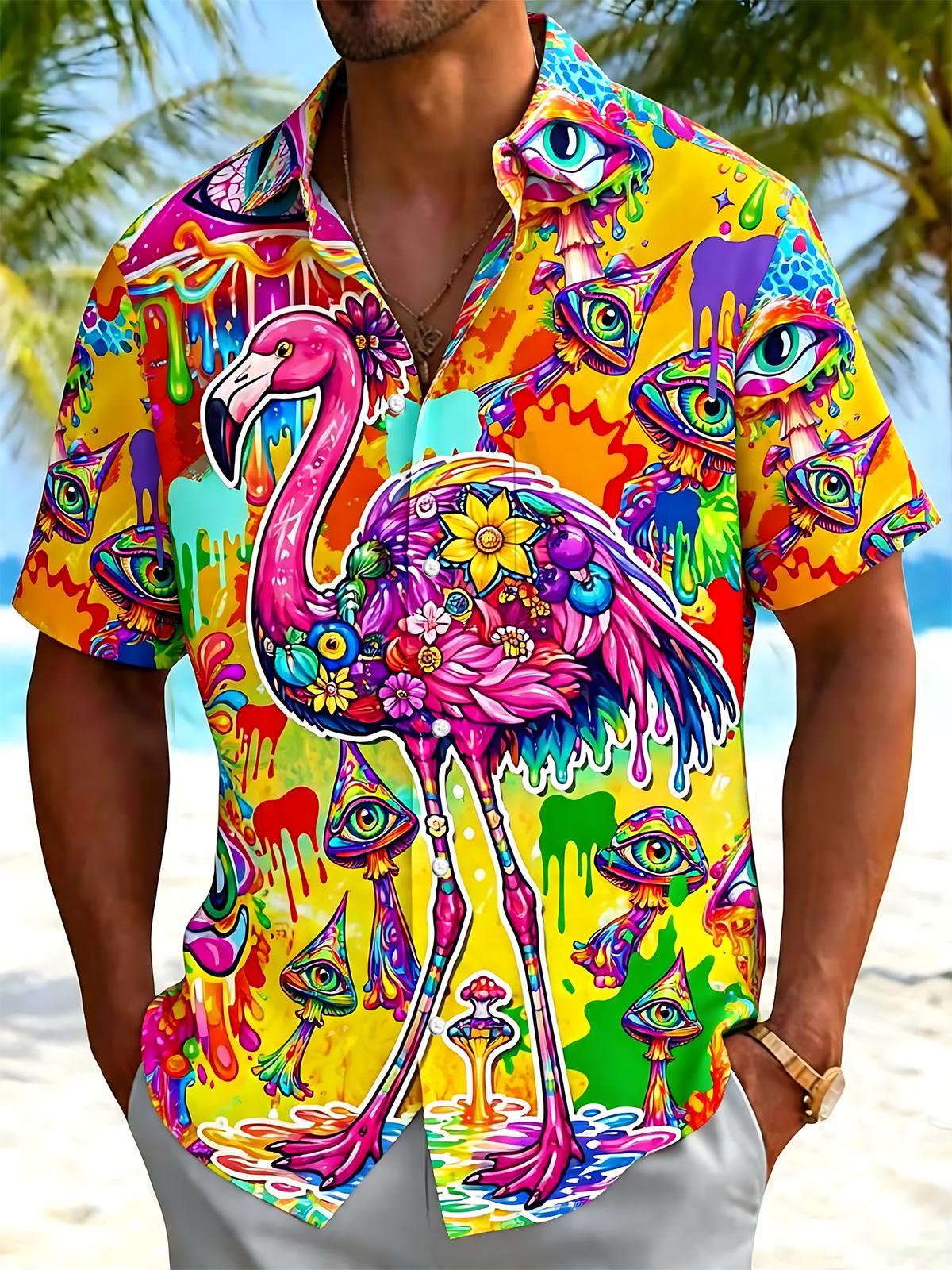 Men's flamingo Hawaiian print short sleeve shirt front view for tropical beach vacation