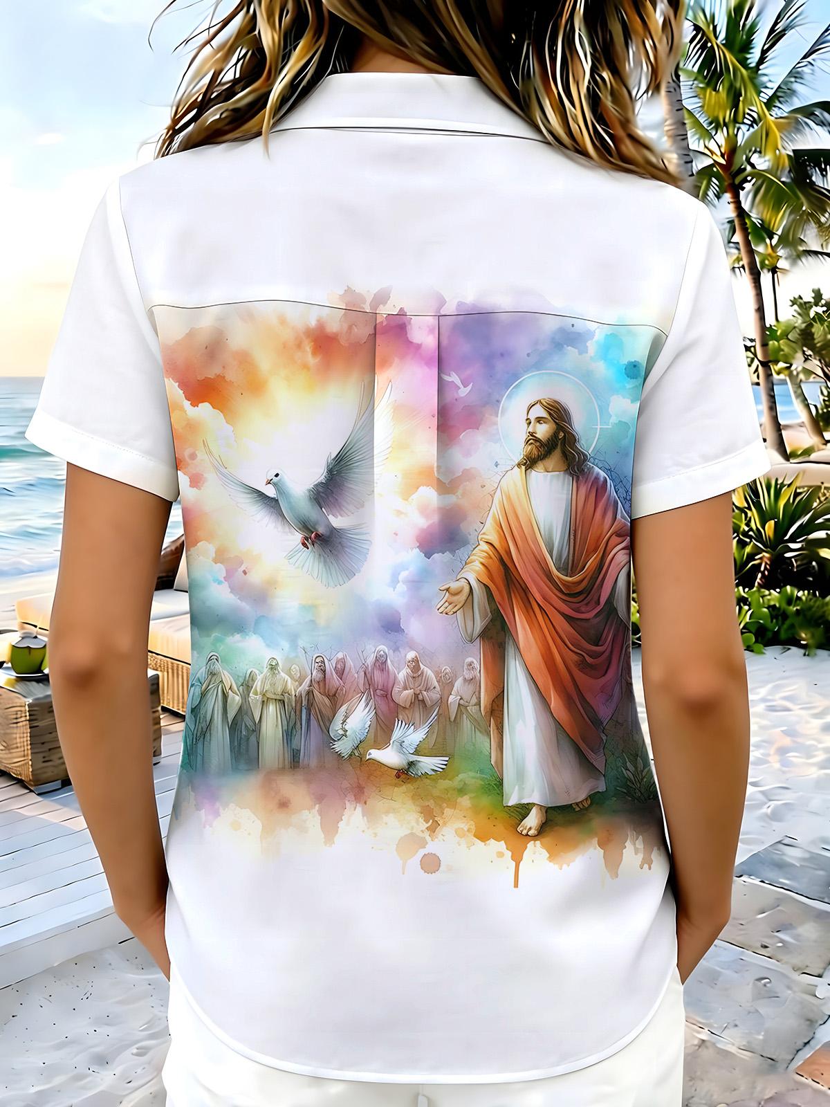 Women's short sleeve Christian Jesus print shirt back view