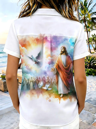 Women's short sleeve Christian Jesus print shirt back view