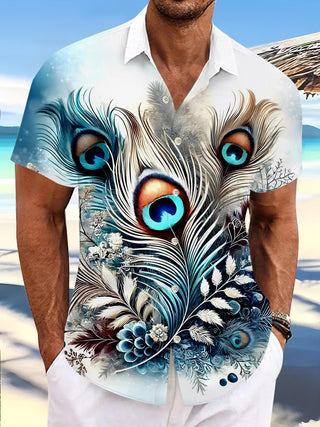men's peacock print shirt front view