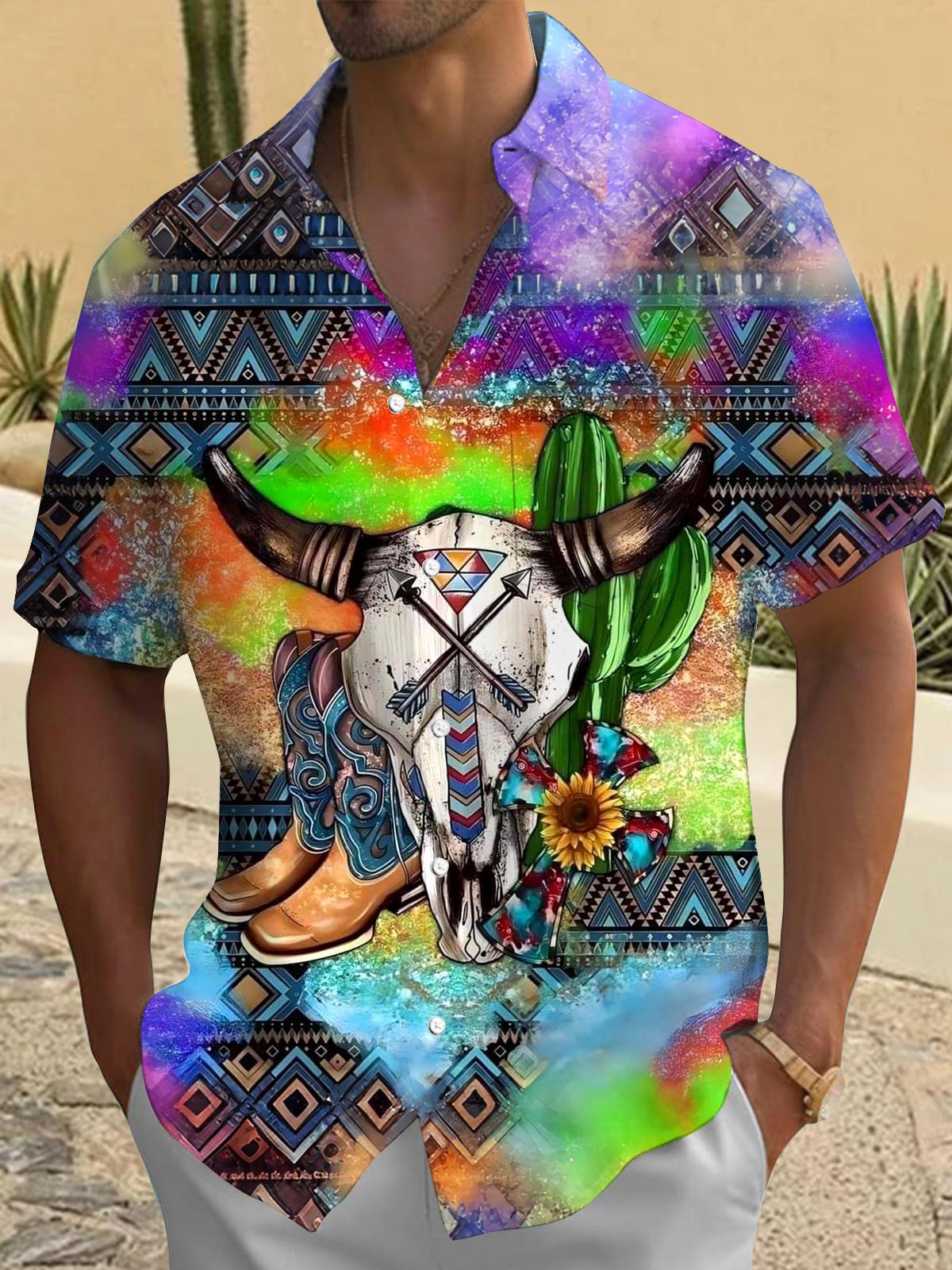 Western Cowboy Print Men's Pocket Short Sleeve Shirts