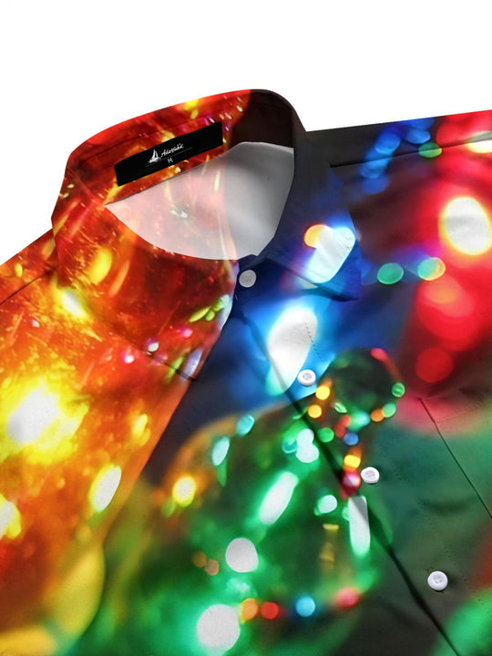 Men's vibrant Christmas light print half sleeve shirt side view
