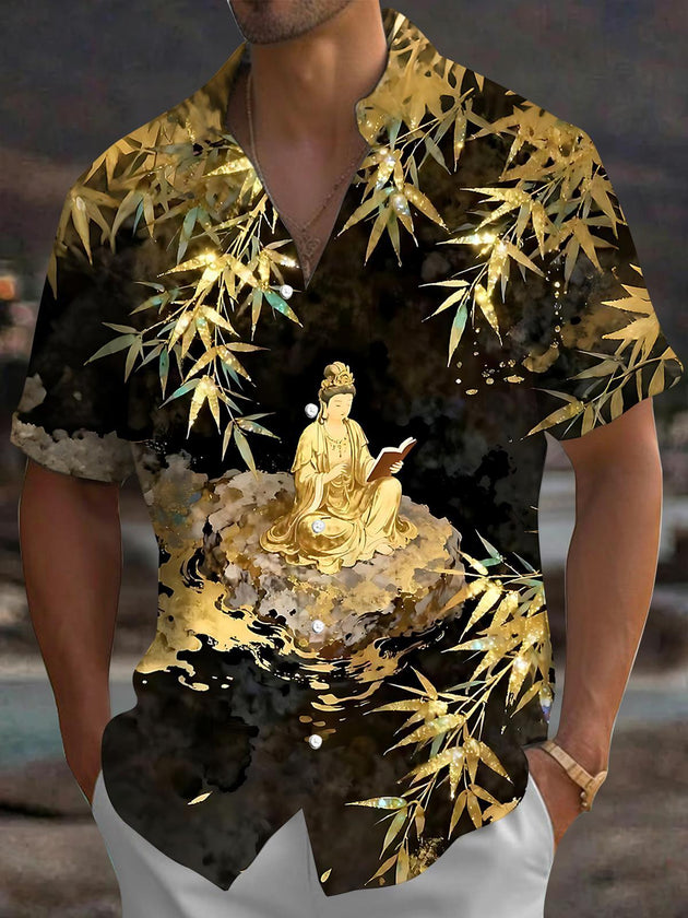 Guanyin Bodhisattva Bamboo Leaf Men's Pocket Short Sleeve Shirts