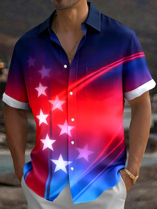 Men's American flag print short sleeve pocket shirt front view for Independence Day