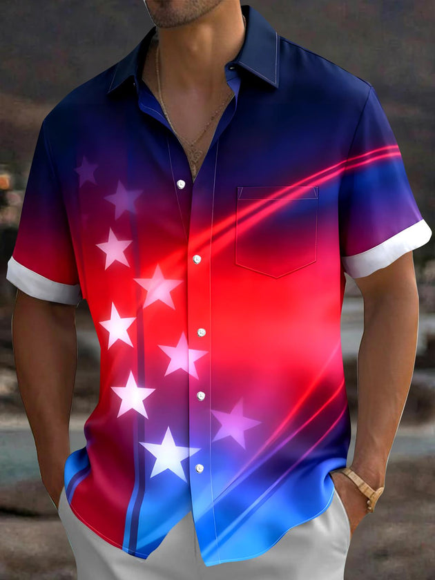 Men's American flag print short sleeve pocket shirt front view for Independence Day