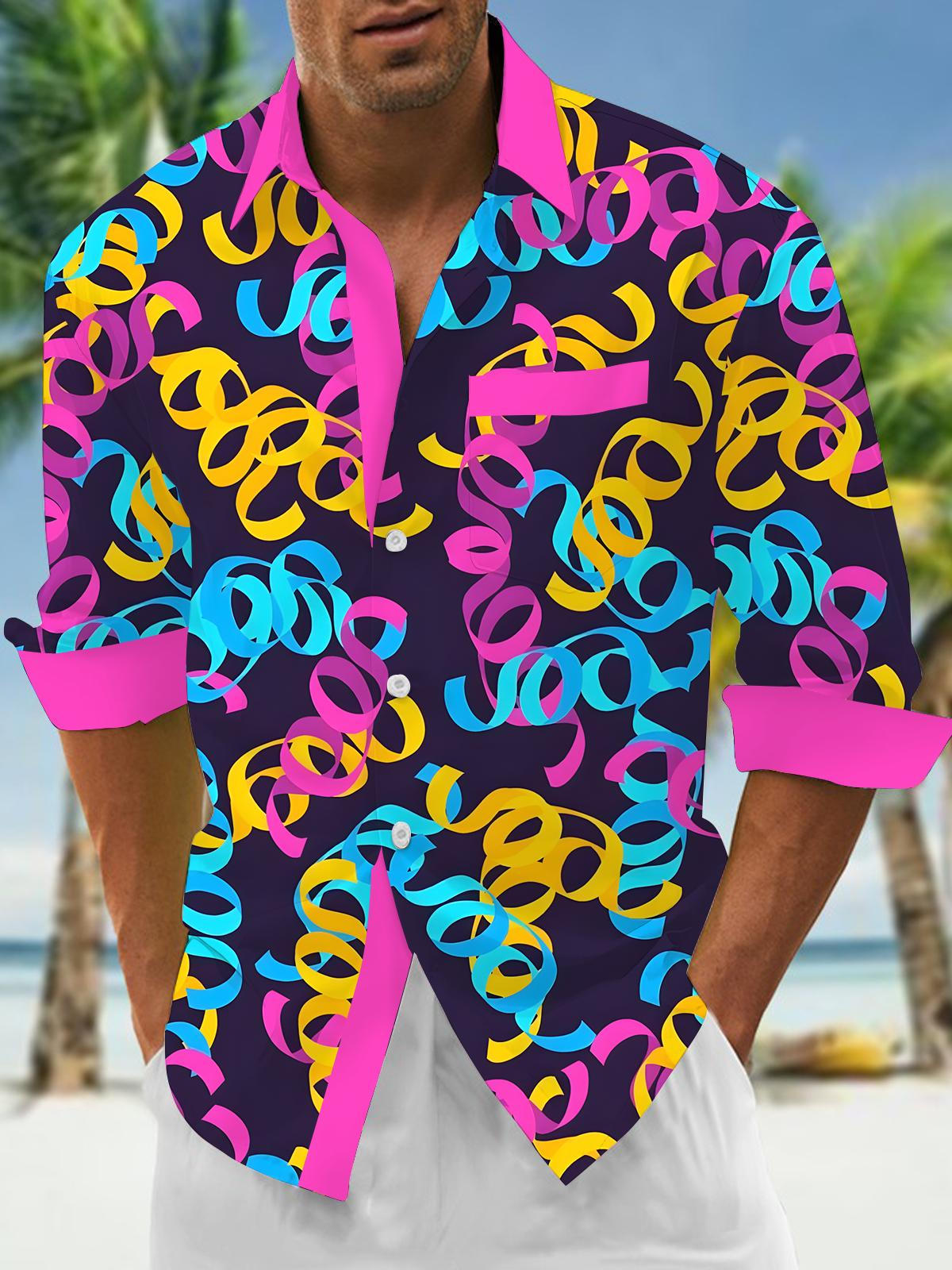 Mardi Gras Ribbon Print Men's Pocket Long Sleeve Shirts