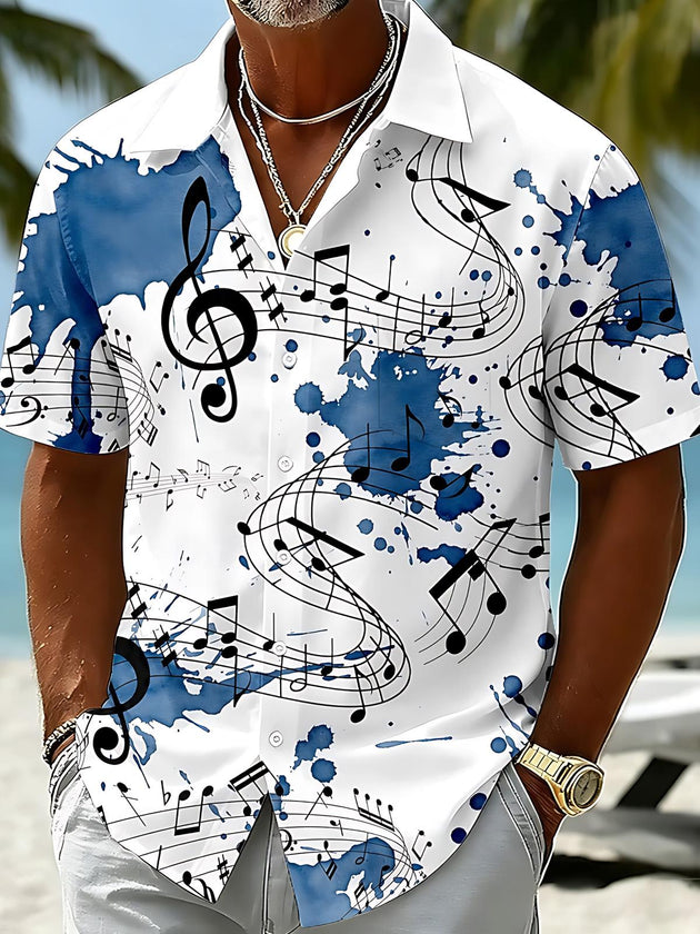 Musical Note Print Men's Pocket Short Sleeve Shirts