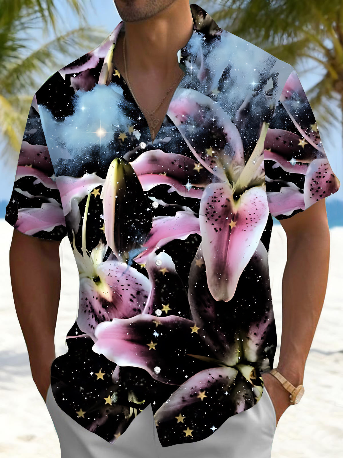 Men's gradient flower print pocket short sleeve shirt front view