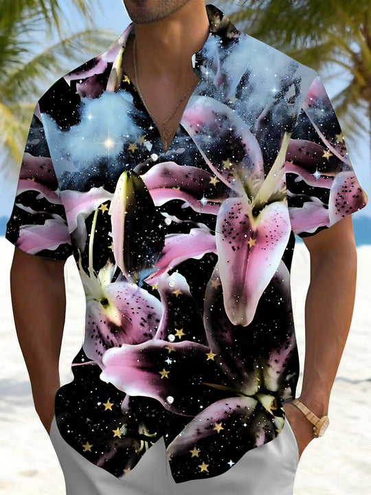 Men's gradient flower print pocket short sleeve shirt front view