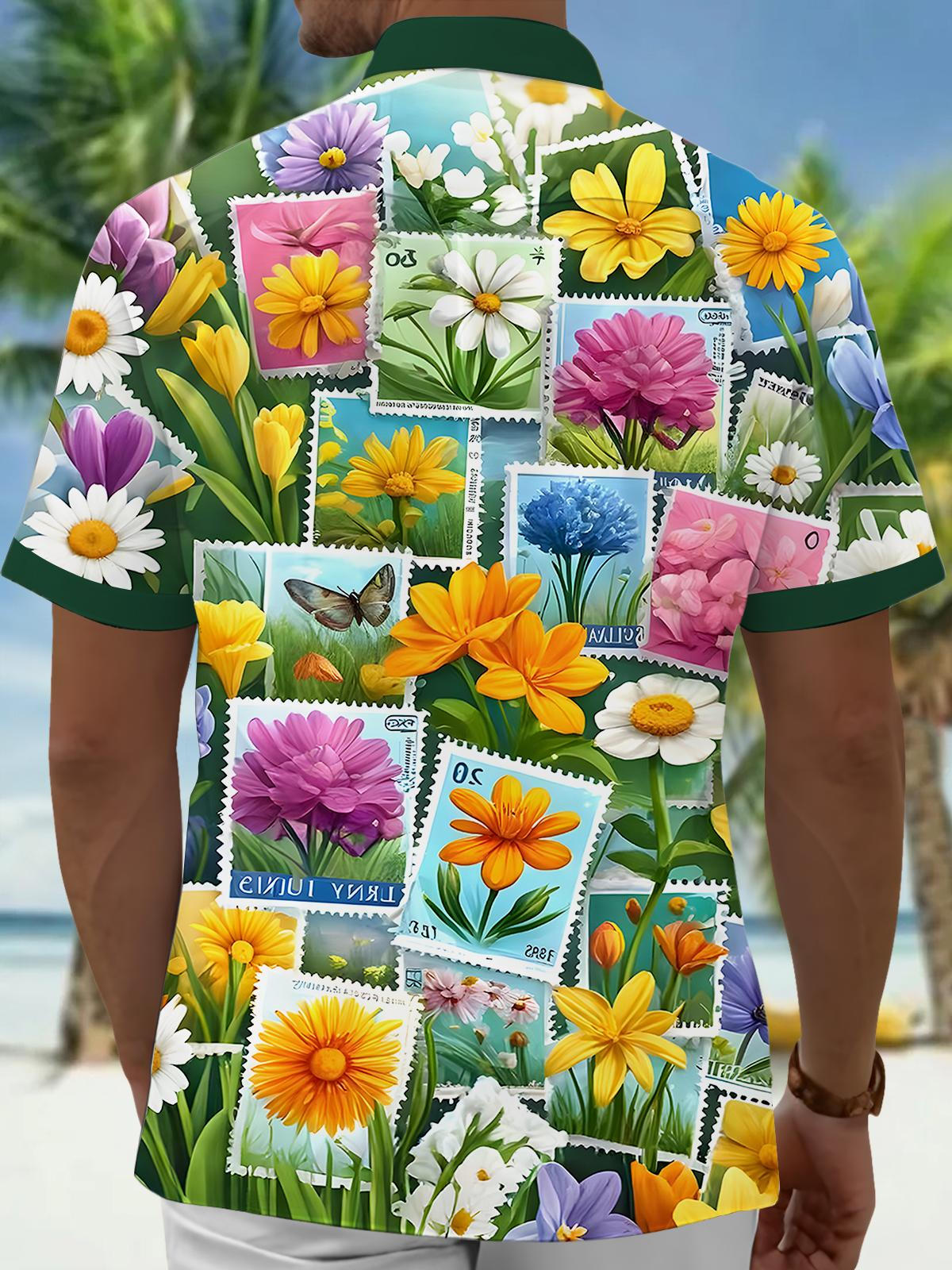 Stamp Floral Men's Pocket Short Sleeve Shirts