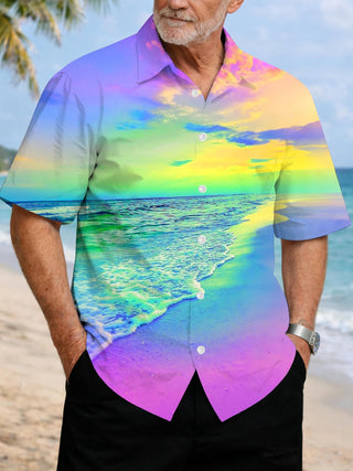 Men's Short Sleeve Pocket Shirt with Beach Scenery Print Front View for Coastal Vacation