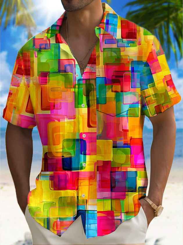Men's geometric print pocket short sleeve shirt front view