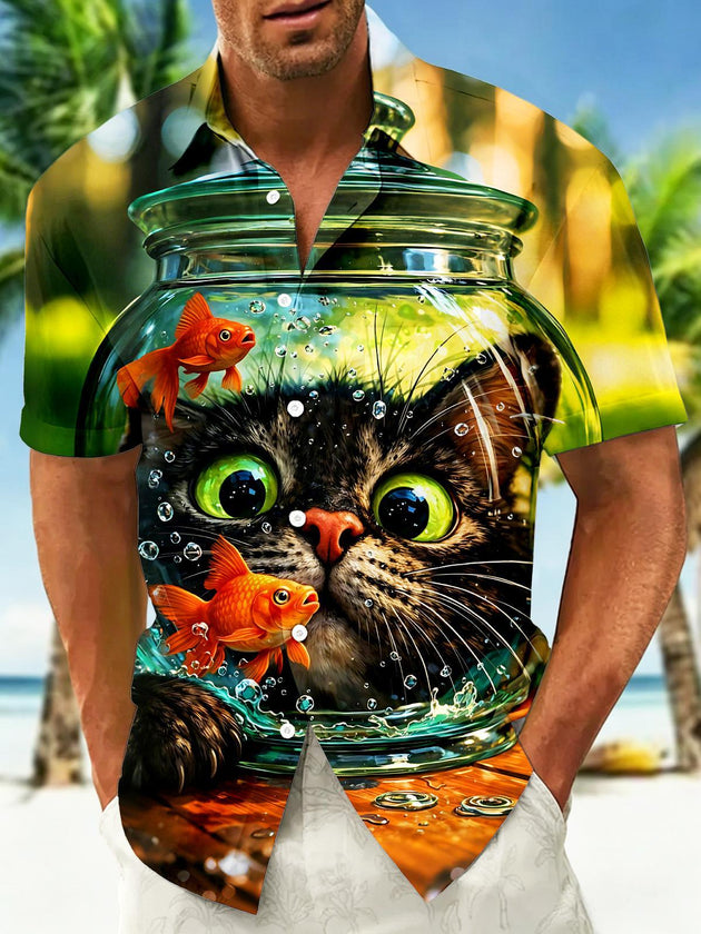 Fun Cat & Goldfish In A Jar Men's Pocket Short Sleeve Shirts