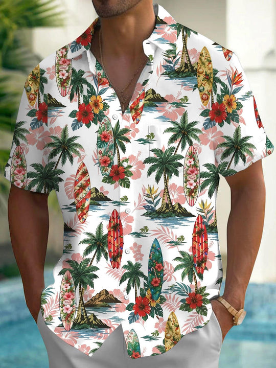 Hawaiian Palm Tree Surfboard Print Men's Pocket Short Sleeve Shirts