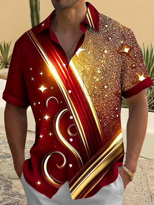 Men's abstract print short sleeve shirt front view for Christmas holiday party