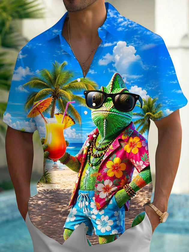 Hawaiian Chameleon Cocktail Print Men's Pocket Short Sleeve Shirts