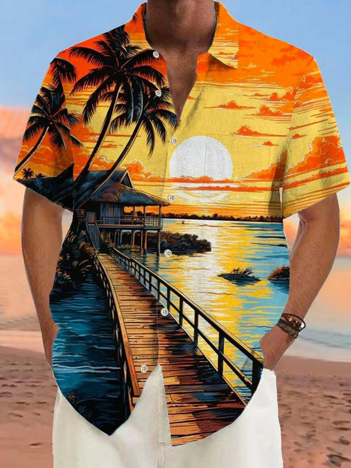 Hawaiian Beach Short Sleeve Men's Shirts With Pocket