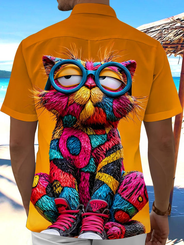 men's colorful kitten pattern shirt back view