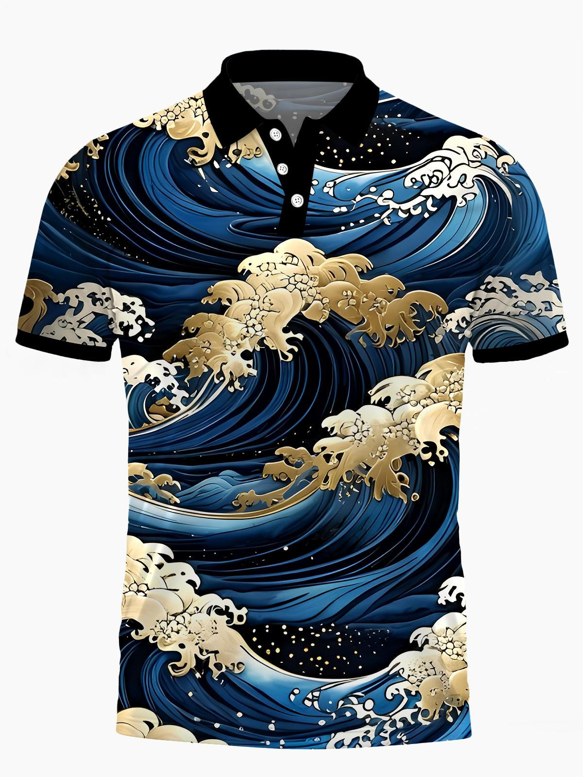 Ocean Waves Men's Short Sleeve Button Polo Shirt