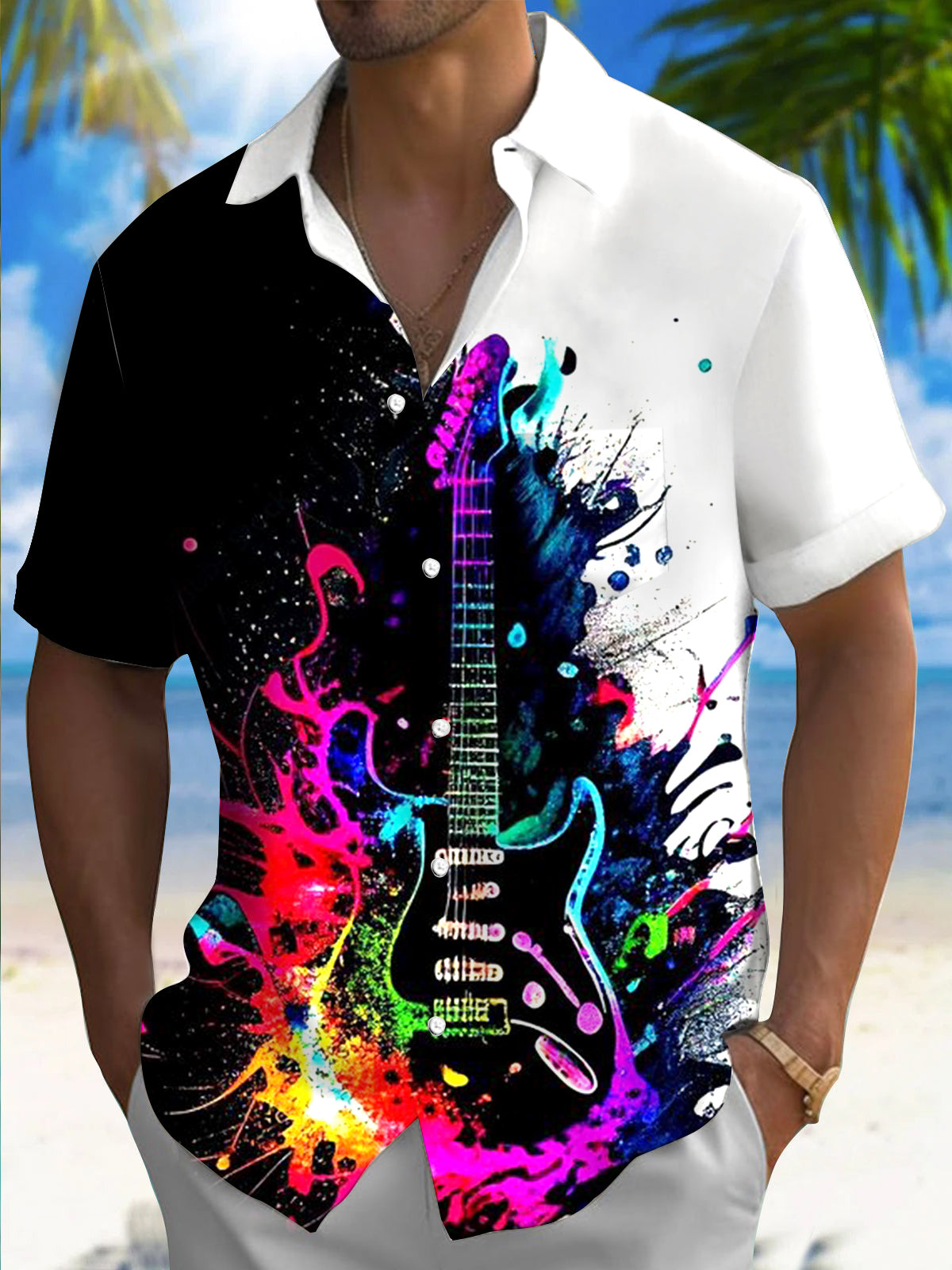 Music Guitar Print Men's Pocket Short Sleeve Shirts