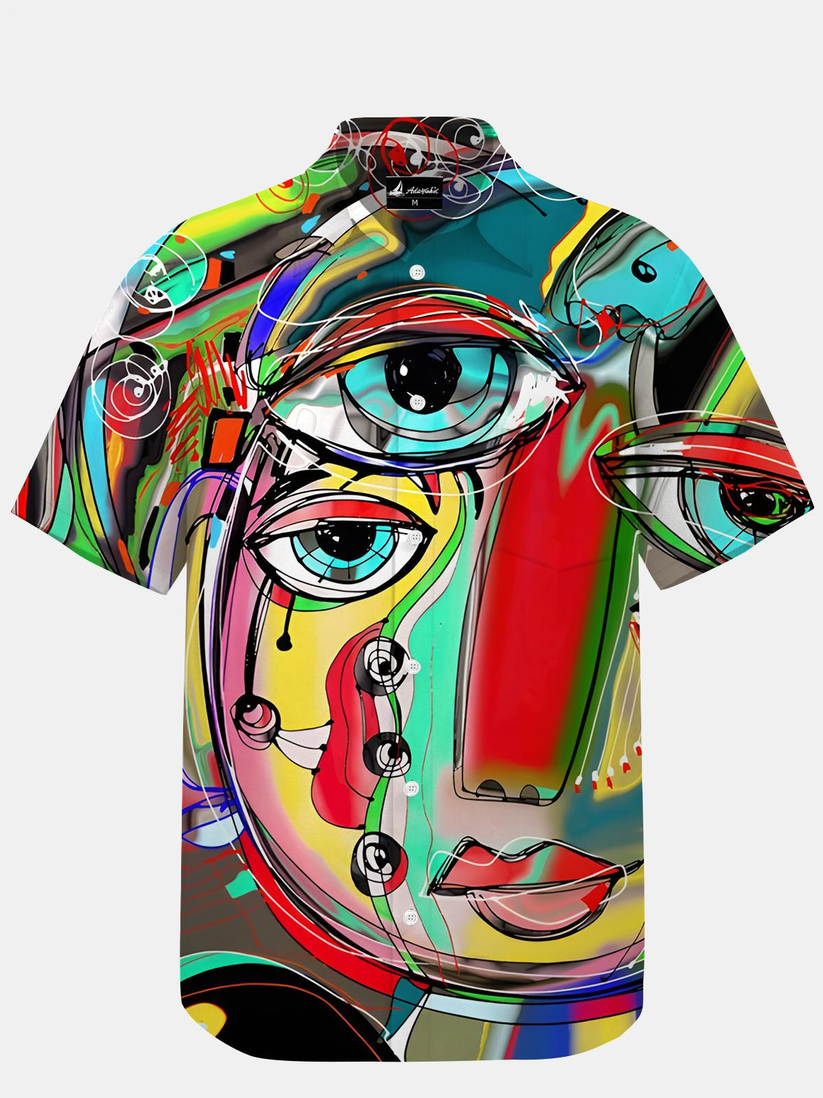 Abstract Face Art Print Men's Pocket Short Sleeve Shirts
