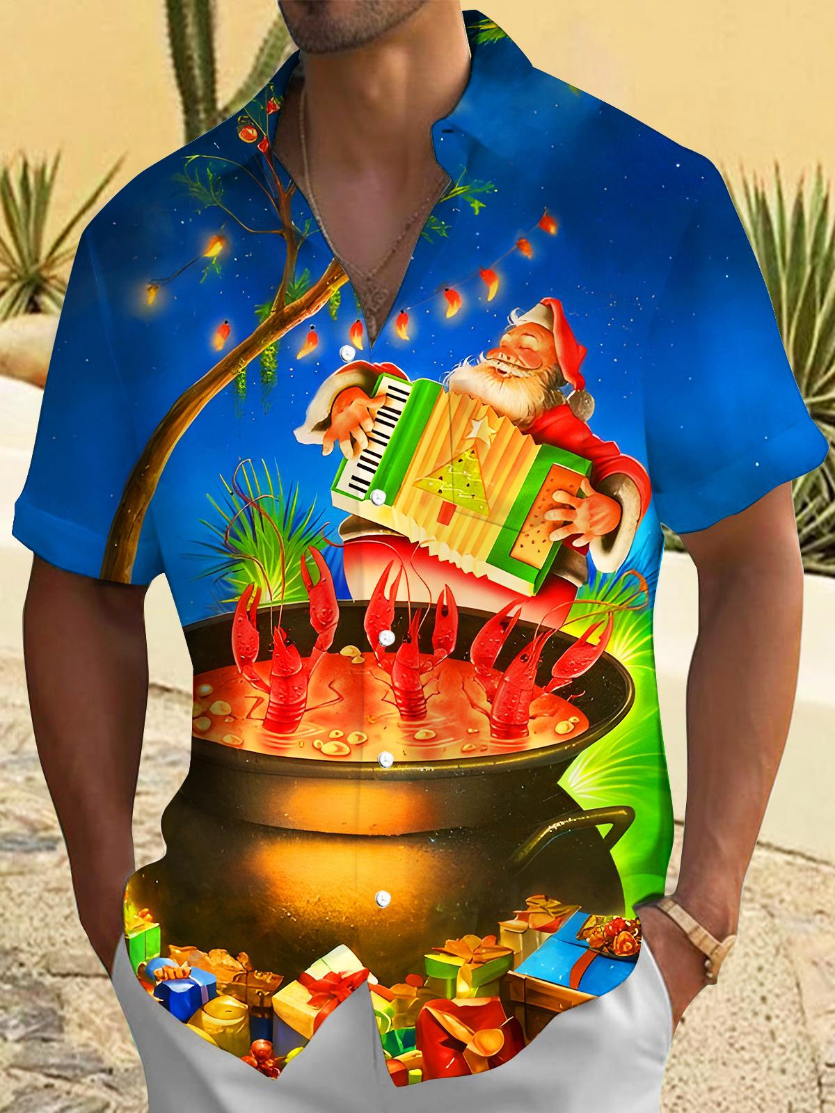 Fun Christmas Santa Claus Accordion Dancing Crayfish Xmas Men's Pocket Short Sleeve Shirts