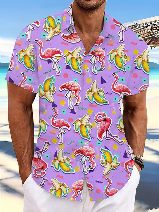 Flamingo Banana Print Men's Pocket Short Sleeve Shirts