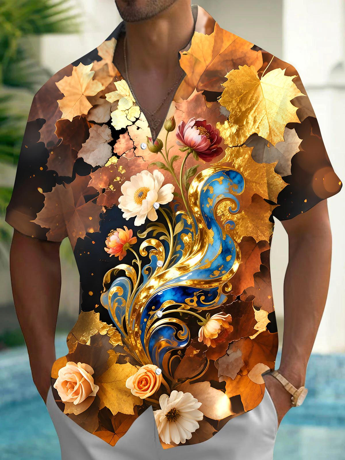 Leaf Floral Men's Pocket Short Sleeve Shirts