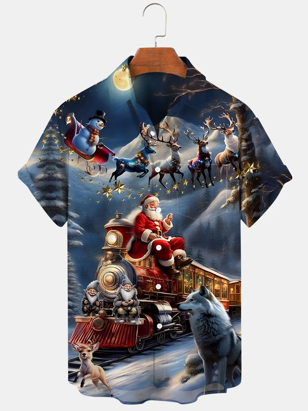 Men's red Christmas short sleeve shirt front view for holiday party