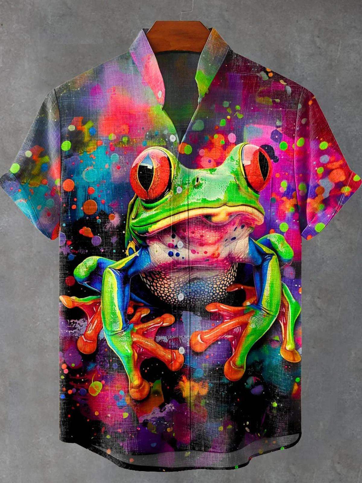 Frog Print Men's Pocket Short Sleeve Stand Collar Shirts