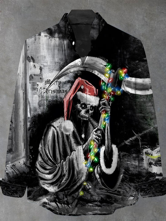 Men's skull print long sleeve shirt front view for Christmas holiday party
