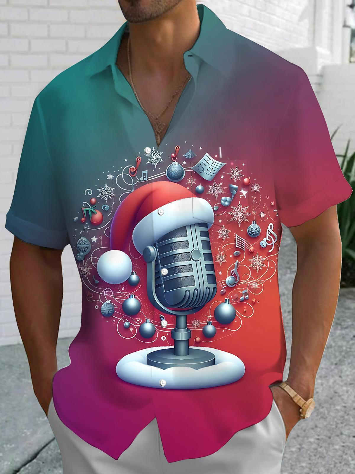 Christmas Microphone Print Men's Pocket Short Sleeve Shirts