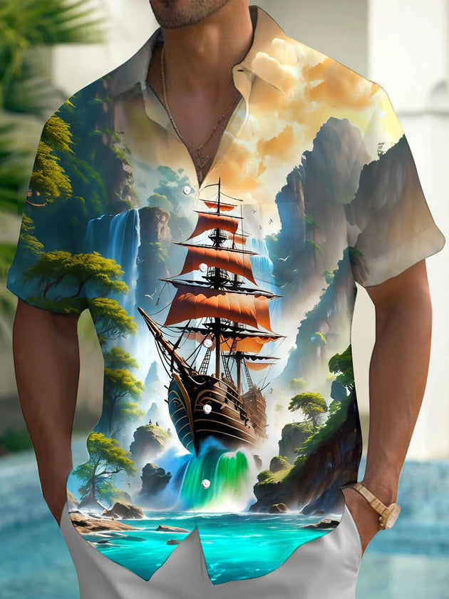 men's Hawaiian shirt front view tropical beach vacation