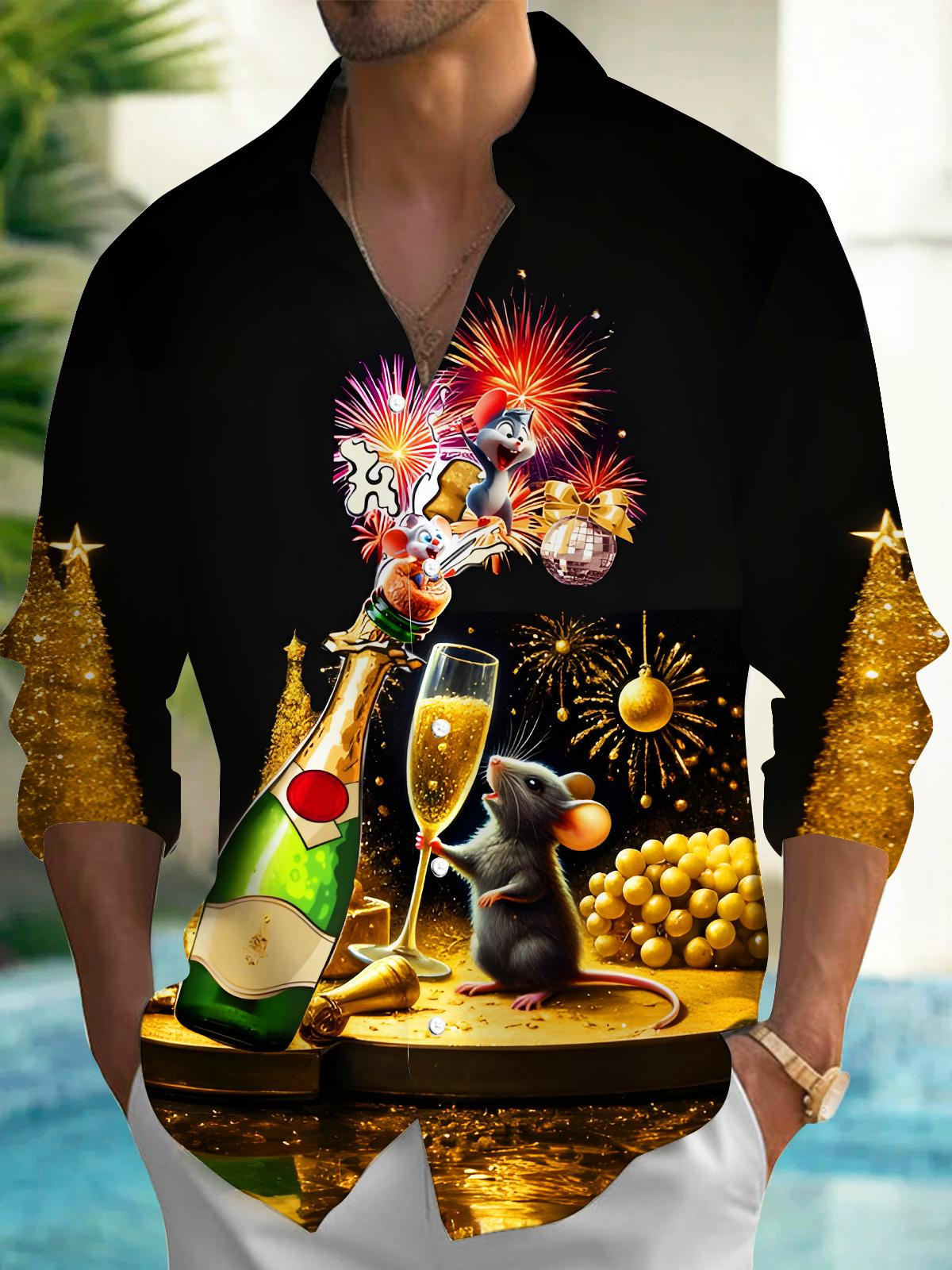 Festive Fun Mouse Champagne Fireworks Men's Pocket Long Sleeve Shirts